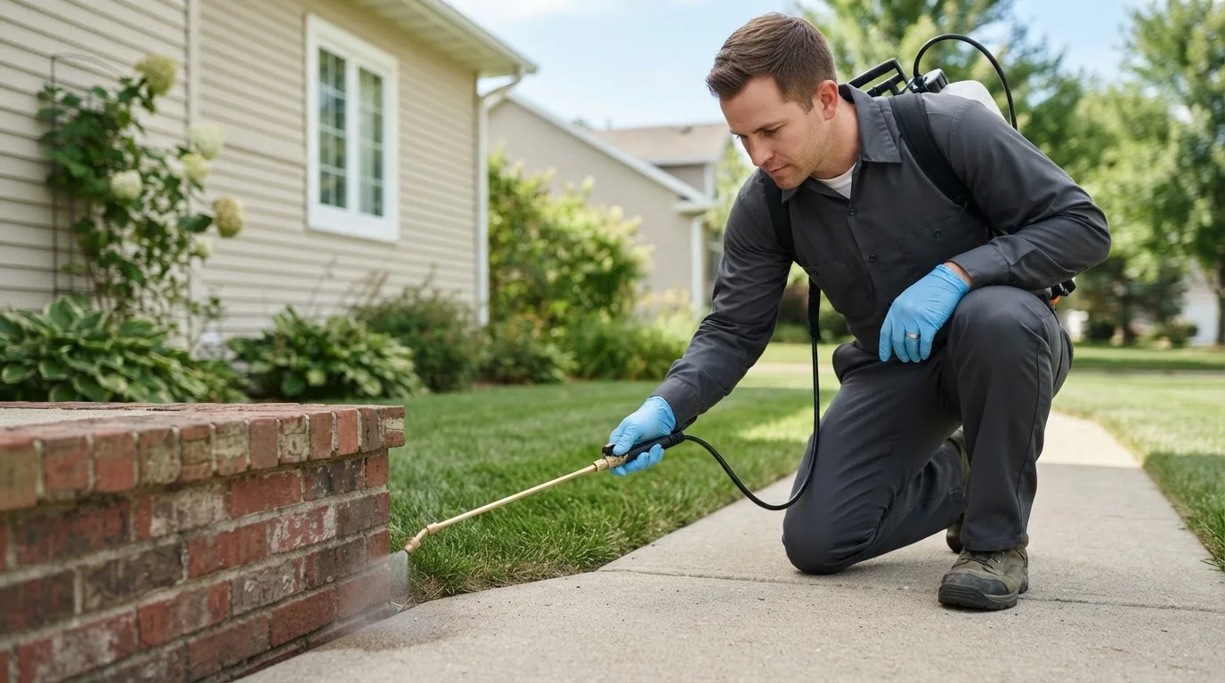Pest control technician treating a home near Glen Head, NY